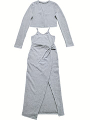 Ribbed Two-Piece Set Open Front Long Sleeve Top & Twist Strap Dress