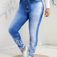 Denim Print High Rise Skinny Trousers