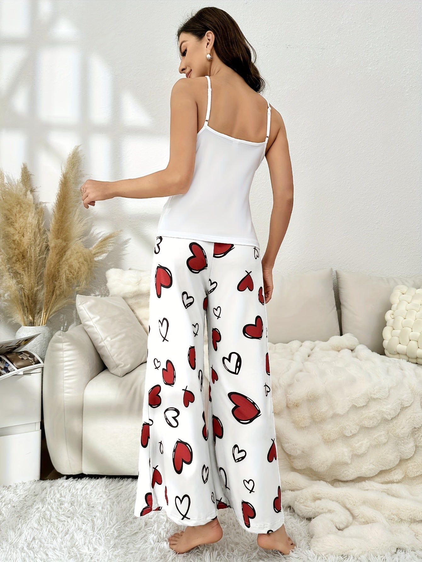 Heart Print Pajama Set Crew Neck Cami Top & Pants