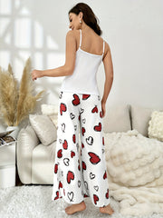 Heart Print Pajama Set Crew Neck Cami Top & Pants