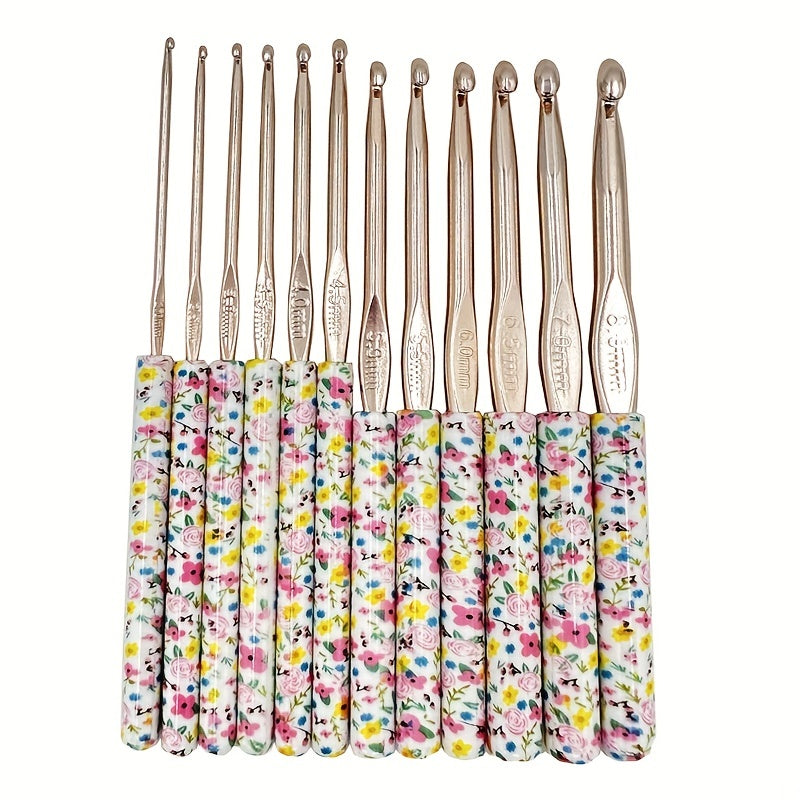 12pcs Aluminum Crochet Hooks Set with Floral Plastic Handle