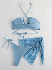 Lace Up Bikini Set & Print Cover Up Wrap