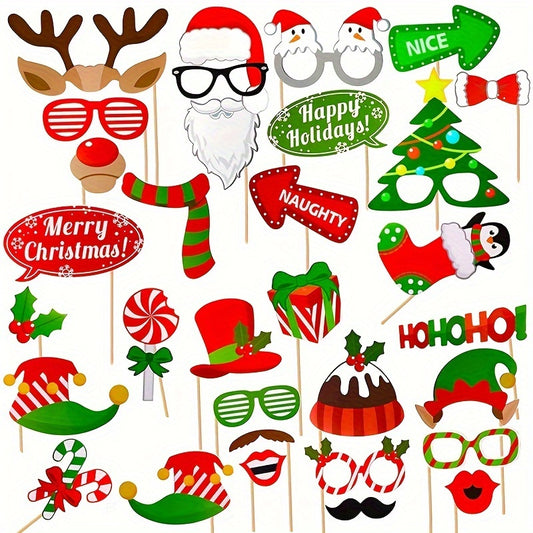 32pcs Christmas Photo Booth Props Set DIY Stick On Holiday Party Accessories