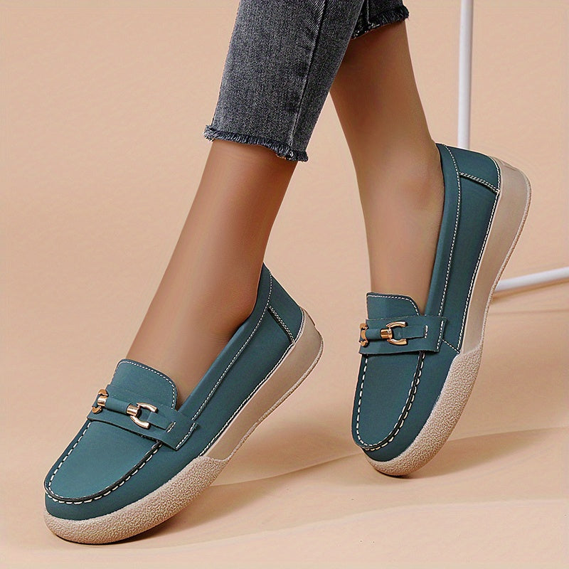 Women's Comfy Flat Loafers with Metallic Buckle Decor