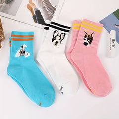 3 Pairs Cartoon Dog Print Socks Striped Crew Socks Women's Stockings