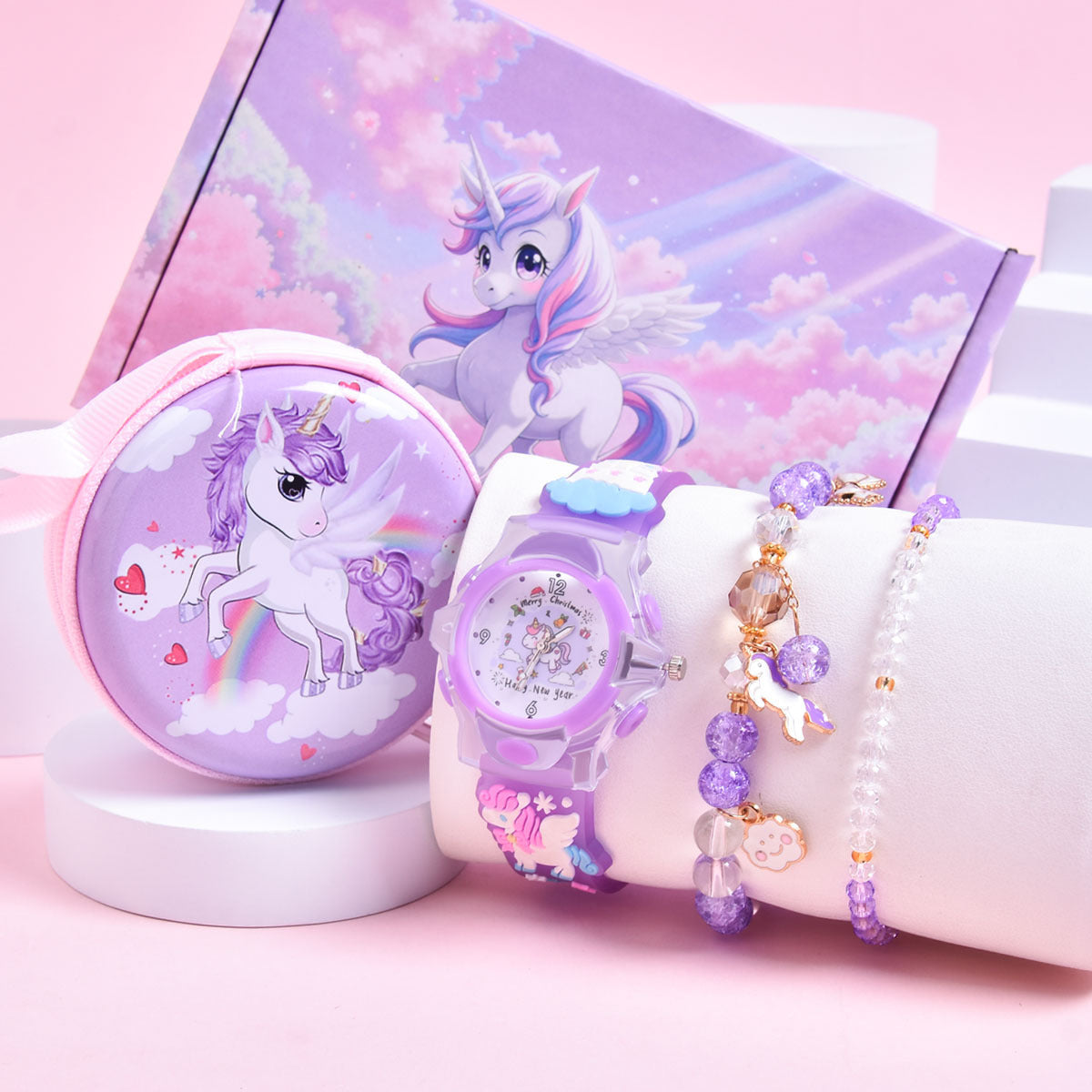 Girls' Magical Watch Set with Glowing Quartz Movement & Heart Charms