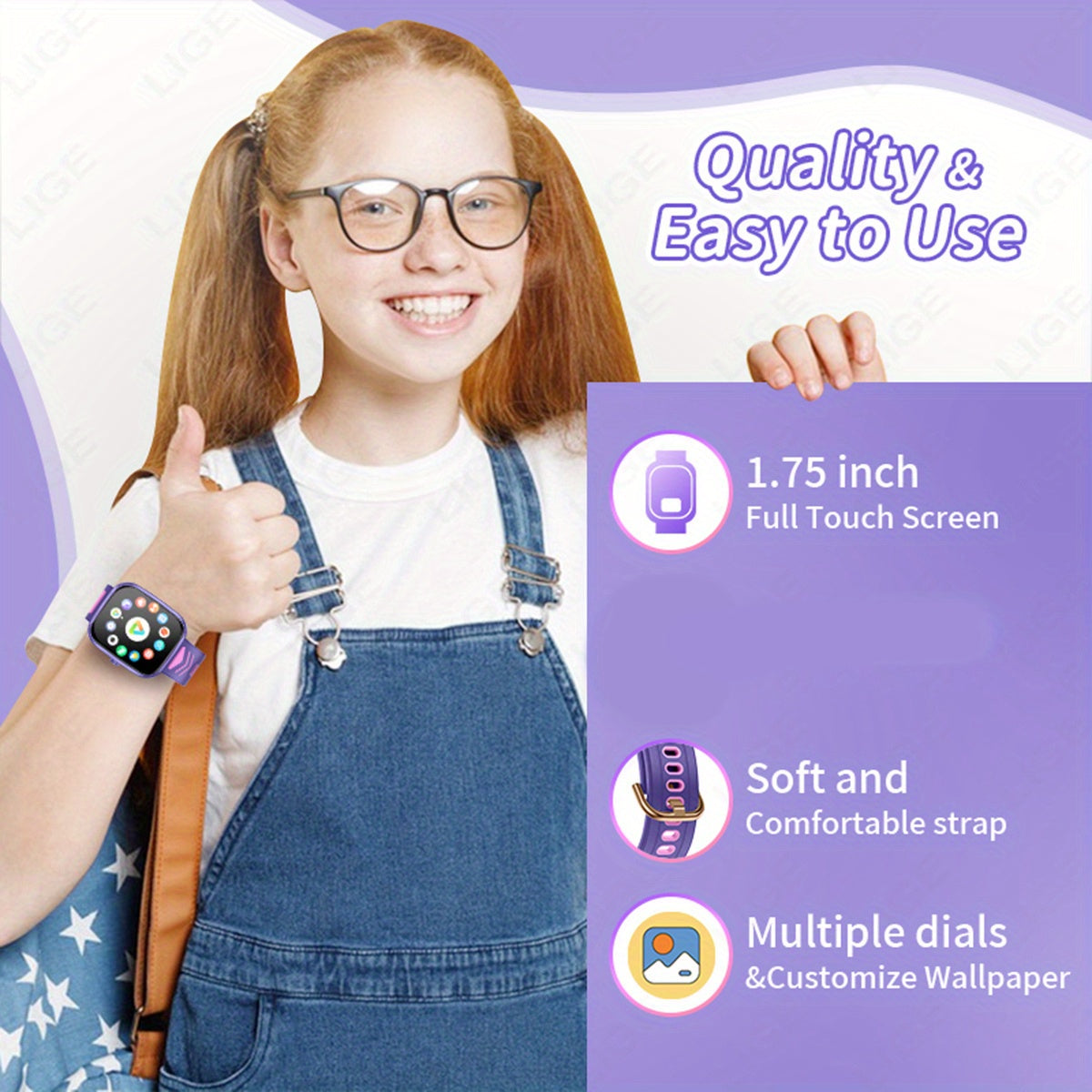 LIGE Kids Smart Watch Touch Screen USB Camera Music