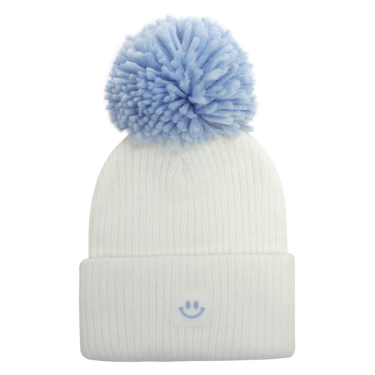 Kids Winter Beanie Knitted Hat Warm Smiling Face Graphic Cap With Pom Pom