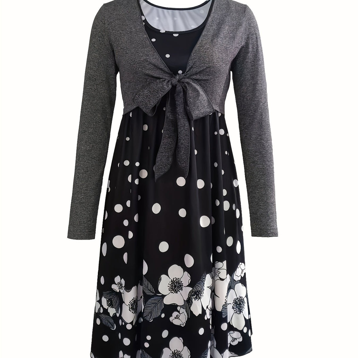 Solid Knotted Tops & Floral Print Dress Outfits Women's Clothing