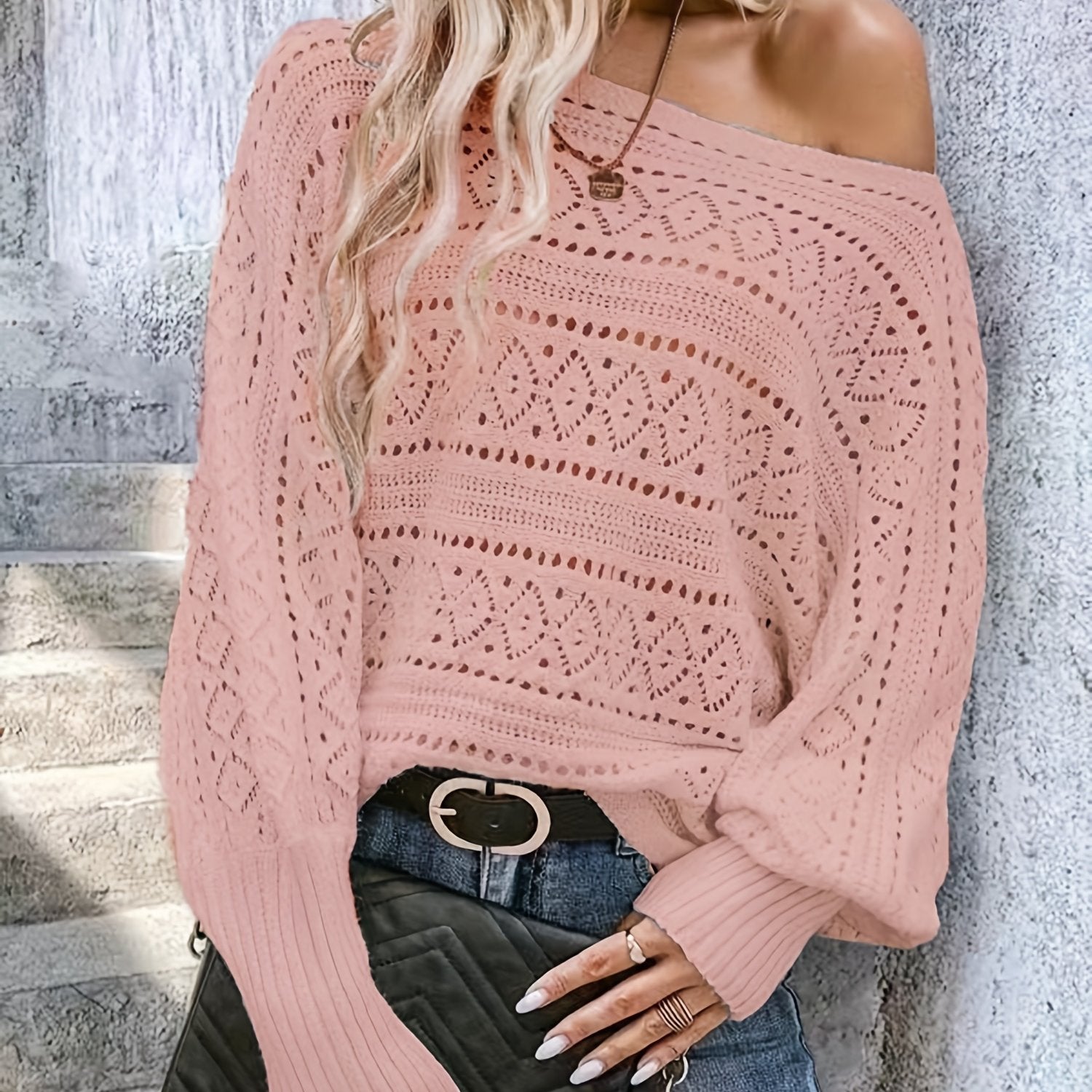  Women's Hollow Out Lantern Sleeve Sweater