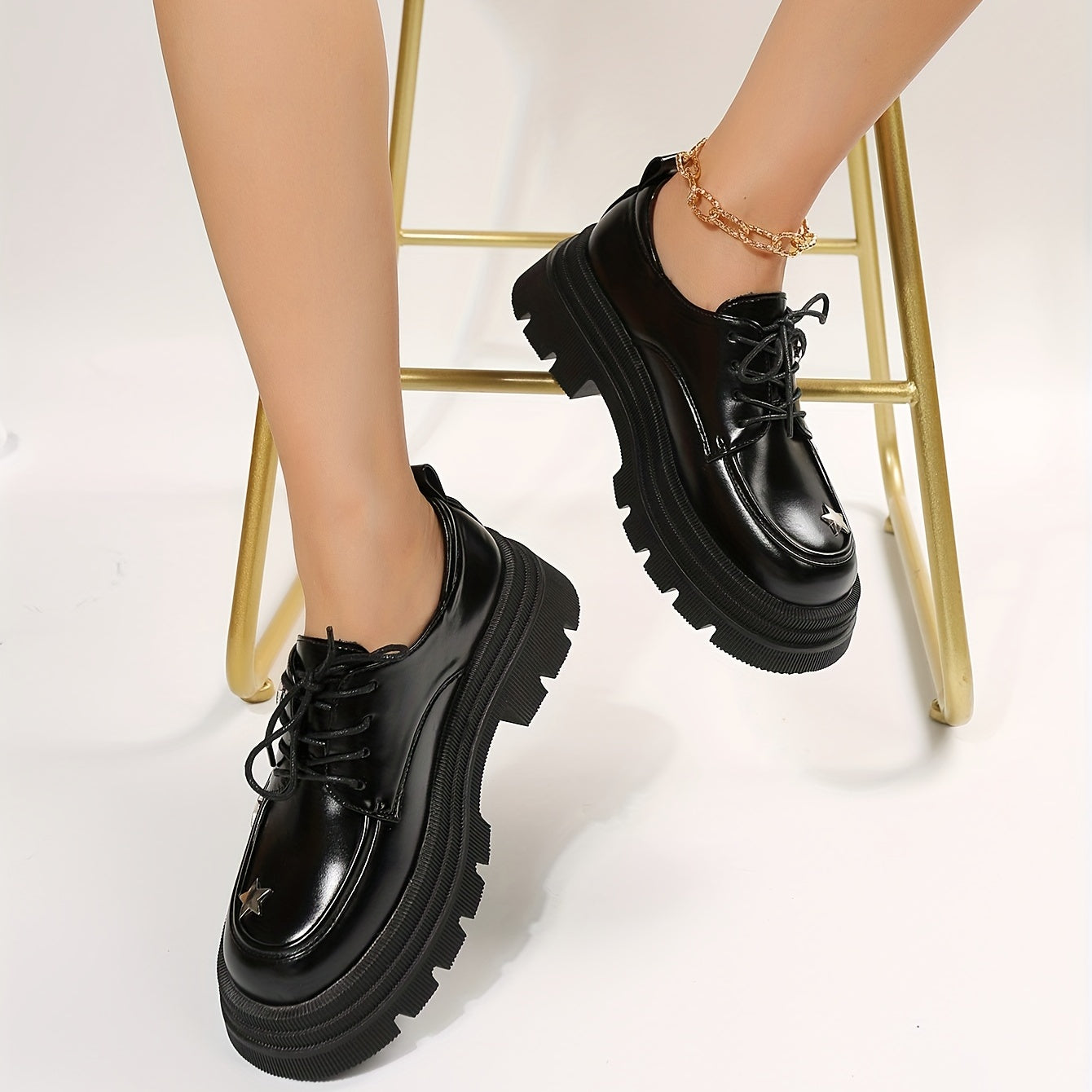 Women's Star Pattern Platform Loafers Lace Up Shoes