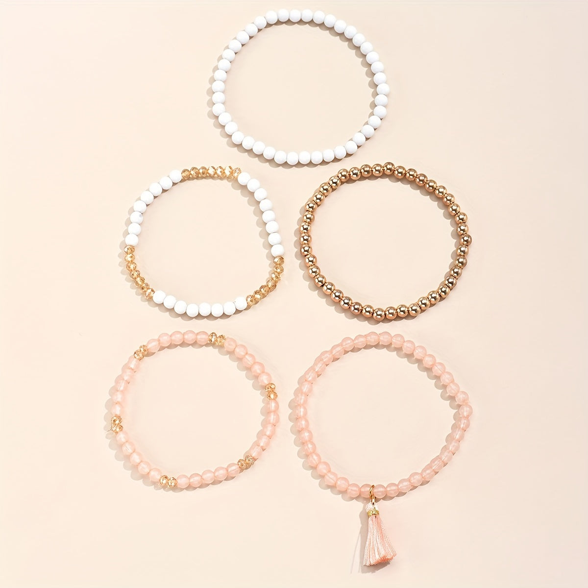 Boho Tassel Pendant Beaded Bracelet Set Hand Jewelry 5 Pcs