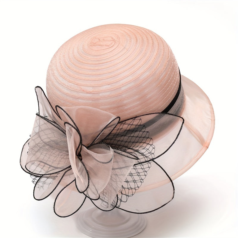 French Style Organza Bucket Hat Flower Decor Stitching Thin Basin Hat