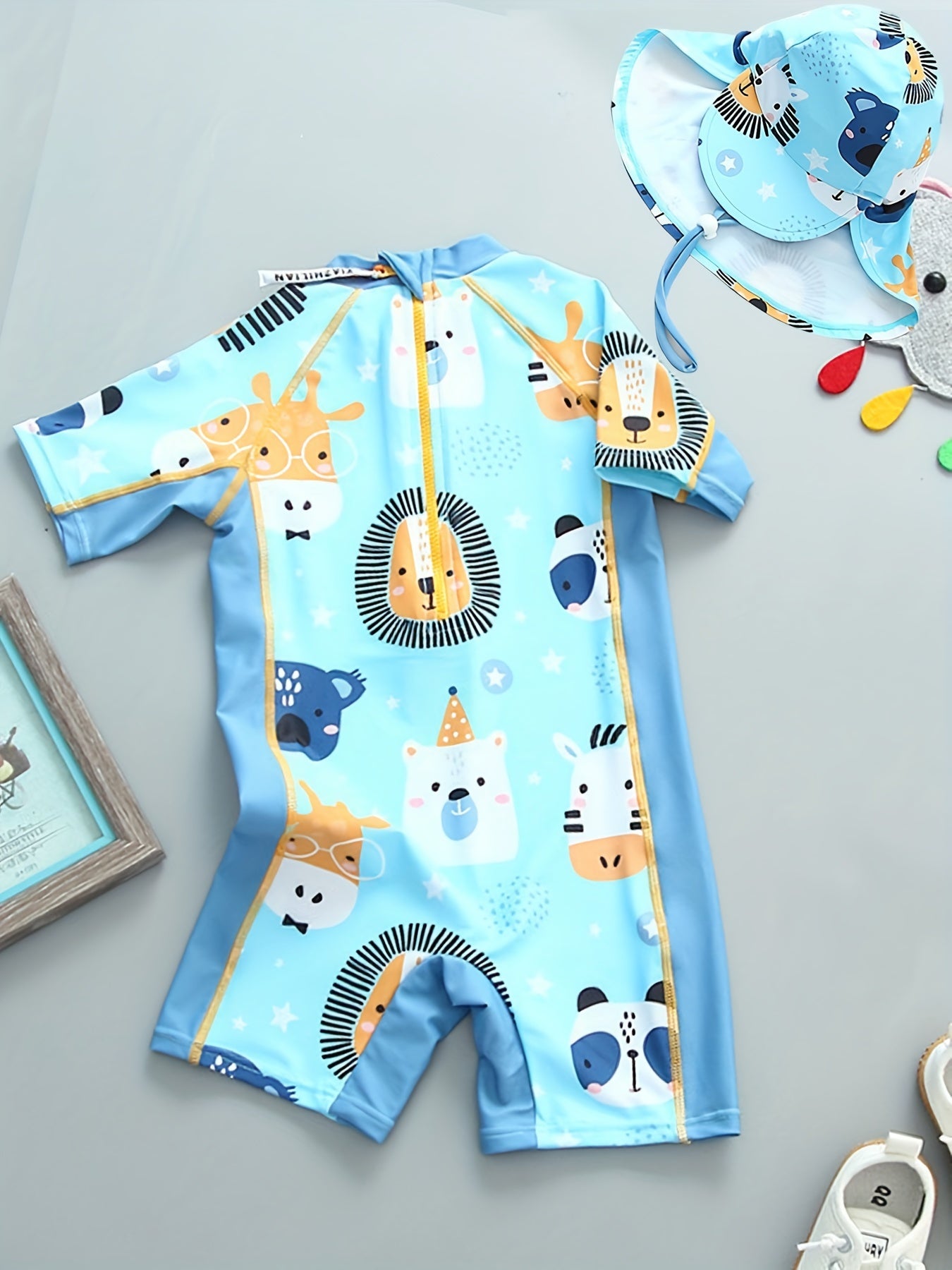 Boys' Cartoon Animal Print Swimsuit Zip Up Short Sleeves