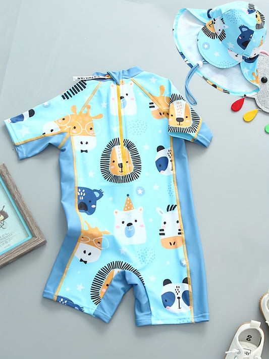 Boys' Cartoon Animal Print Swimsuit Zip Up Short Sleeves