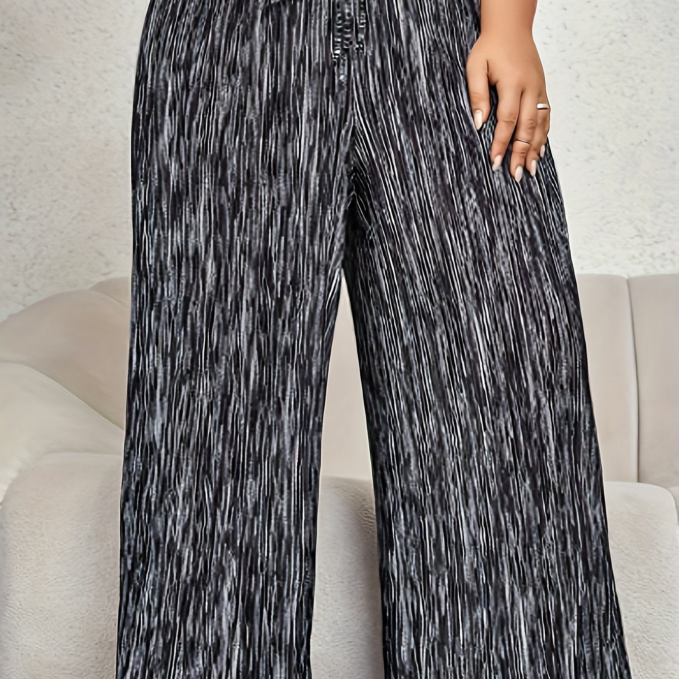 Print Elastic Drawstring Wide Leg Trousers