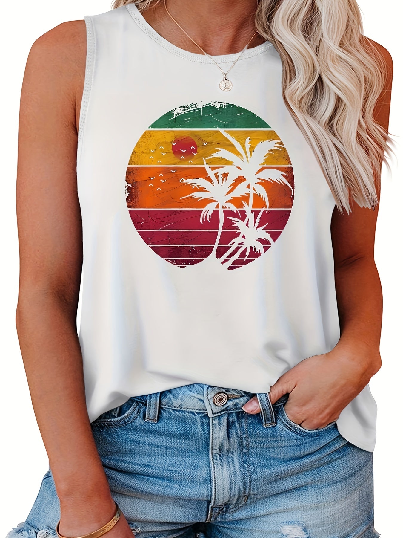  Colorblock Coconut Tree Print Tank Top