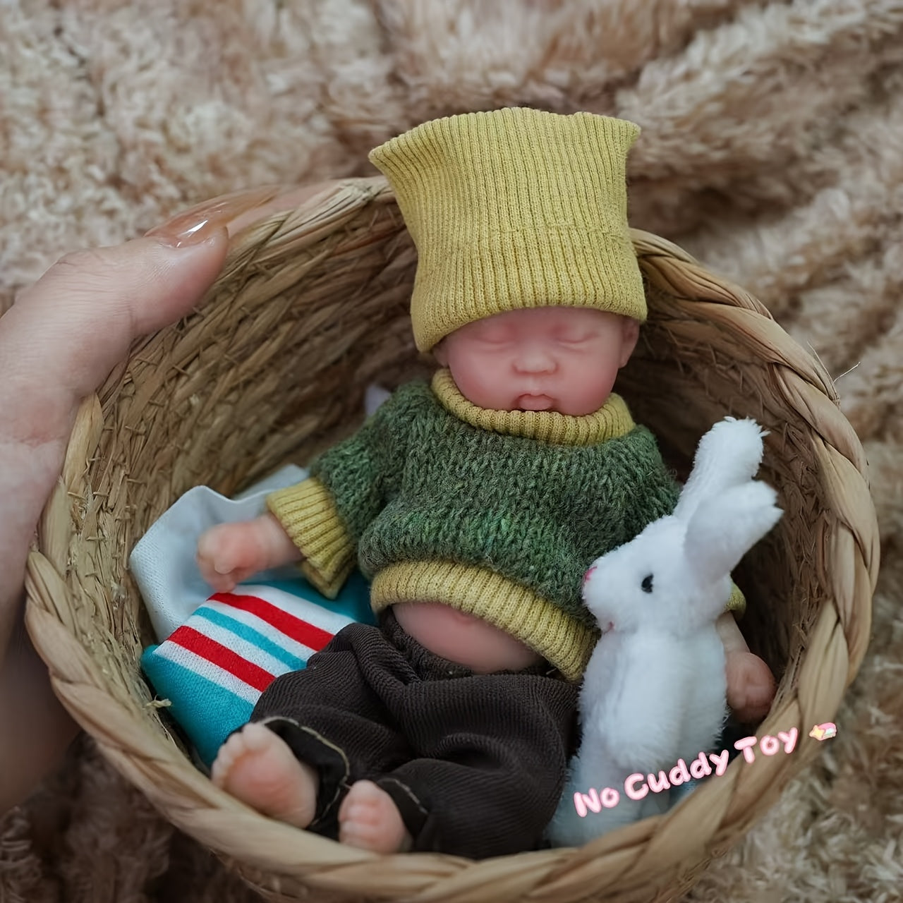 6 Inch Rourou Boy Reborn Doll with Yellow Knit Hat & Green Sweater