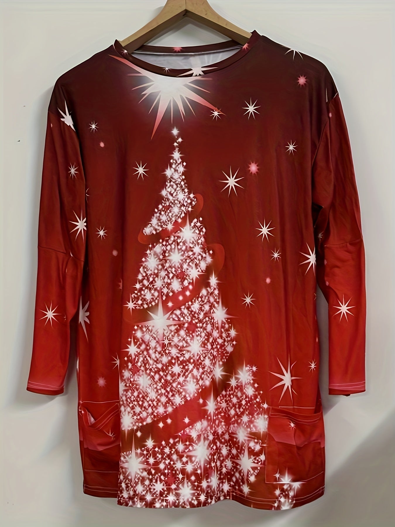 Plus Size Glitter Christmas Tree Print Long Sleeve Round Neck Dress