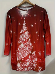 Plus Size Glitter Christmas Tree Print Long Sleeve Round Neck Dress
