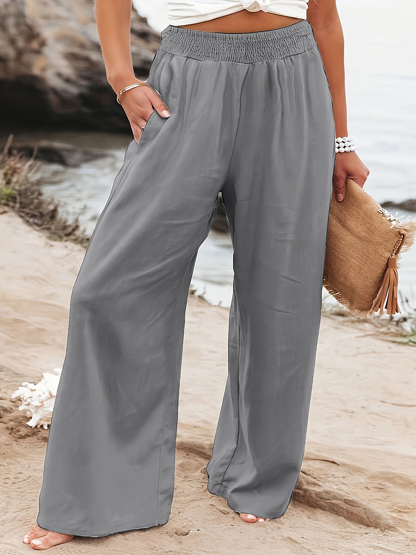  Ruched Wide Leg Pocketed Pants
