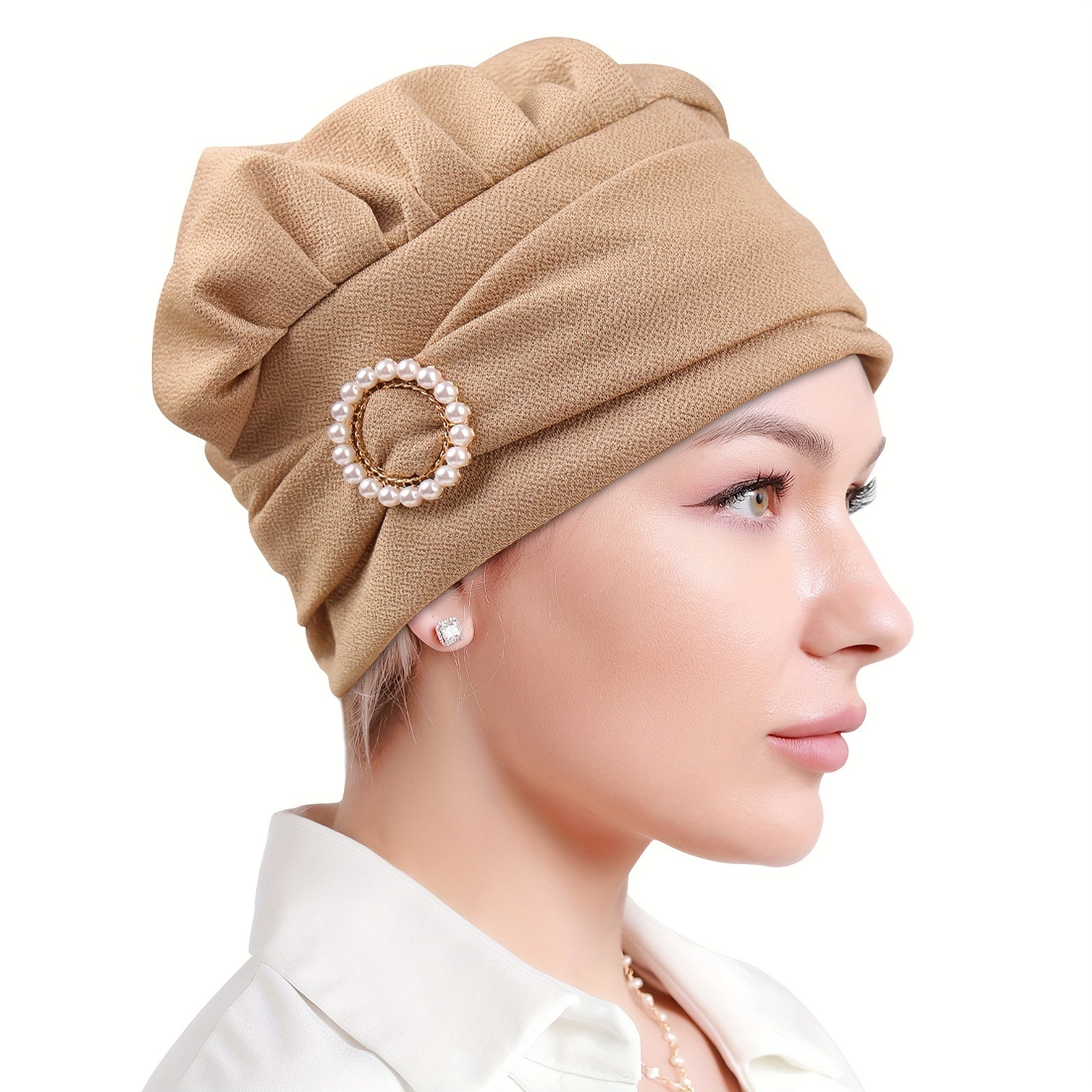 Faux Pearl Decor Turban Caps Solid Hijab Head Scarf Elastic Bonnet Headband