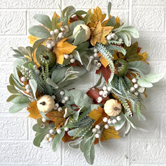 Frosted Leaf Pumpkin Wreath for Halloween, Thanksgiving, Christmas