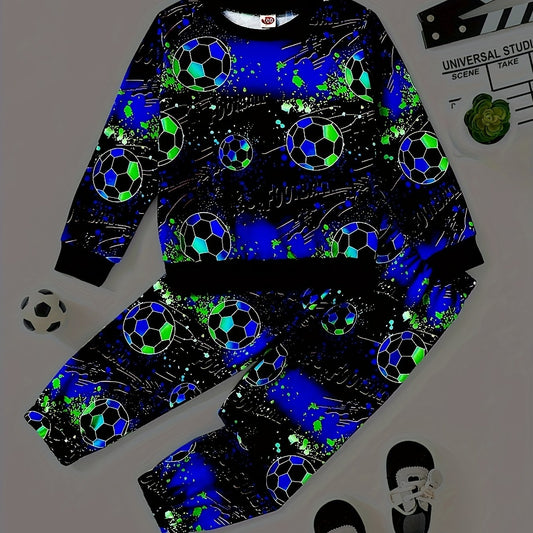 Boy's Soccer Allover Print 2pcs Sweatshirt & Sweatpants Set