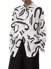  Graffiti Print Button Up Blouse Long Sleeve