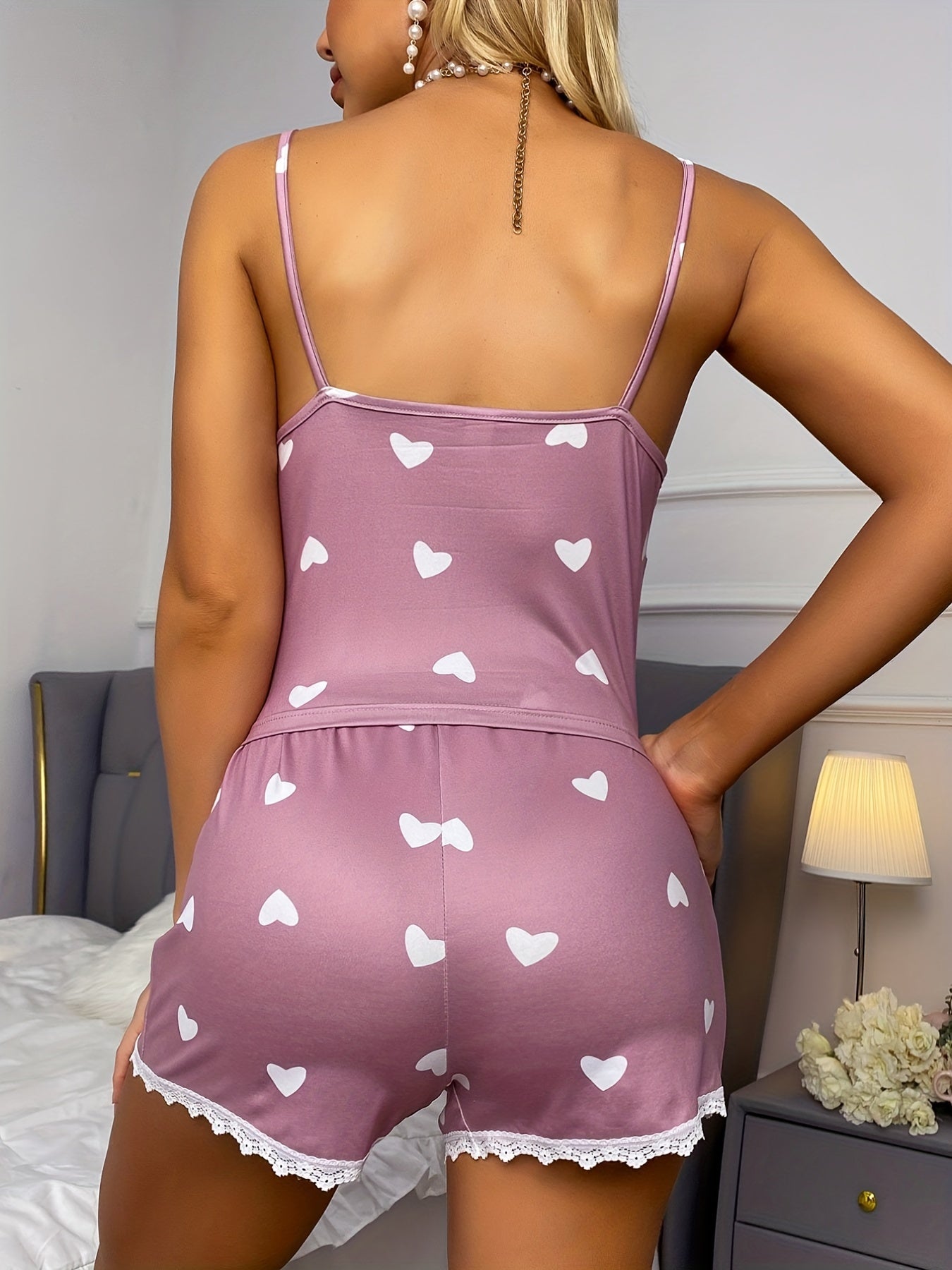 Heart Print Pajama Set with Lace Trim Cami Top & Shorts