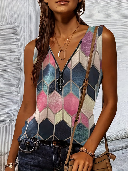 Colorful Argyle Print Tank Top Vintage Half Zip Sleeveless Summer Top
