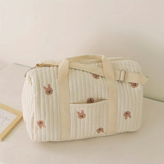 Quilted Diaper Bag with Bear Embroidery Lightweight Travel Tote & Handbag