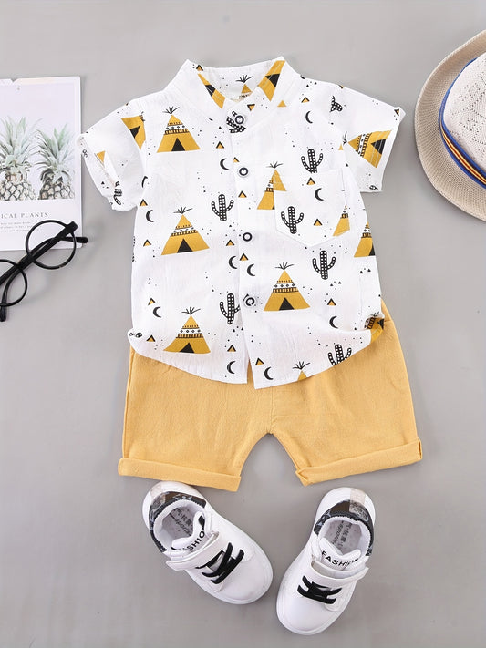 2pcs Baby Boys Cactus Print Short Sleeve Shirt & Shorts Set