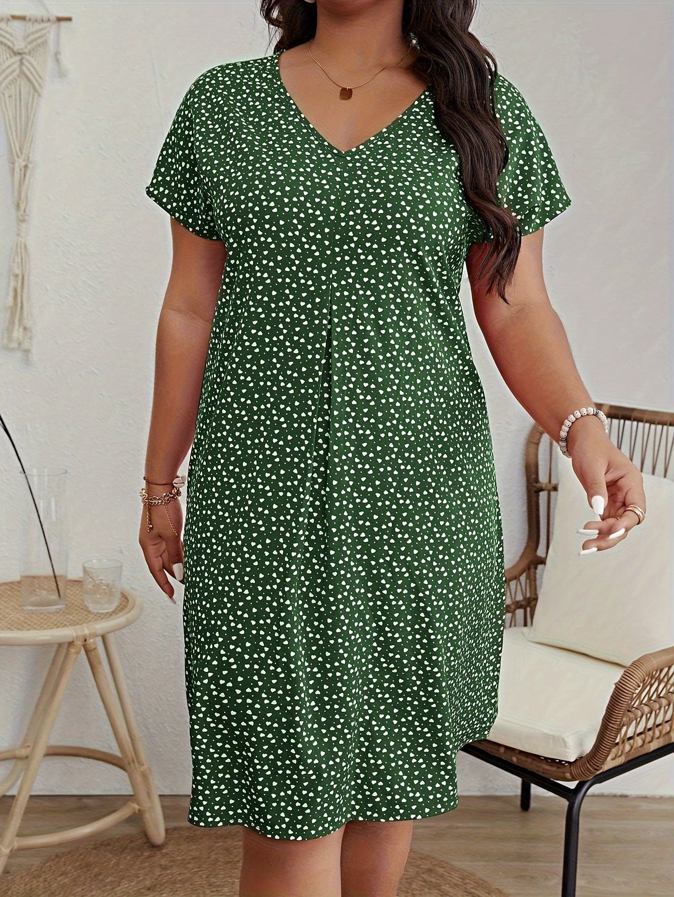  Casual Dress Women's Plus Allover Ditsy Print V Neck Dress