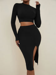 Ribbed Slit Dresses Two piece Set Long Sleeve Crop Tops & High Waist Skirt
