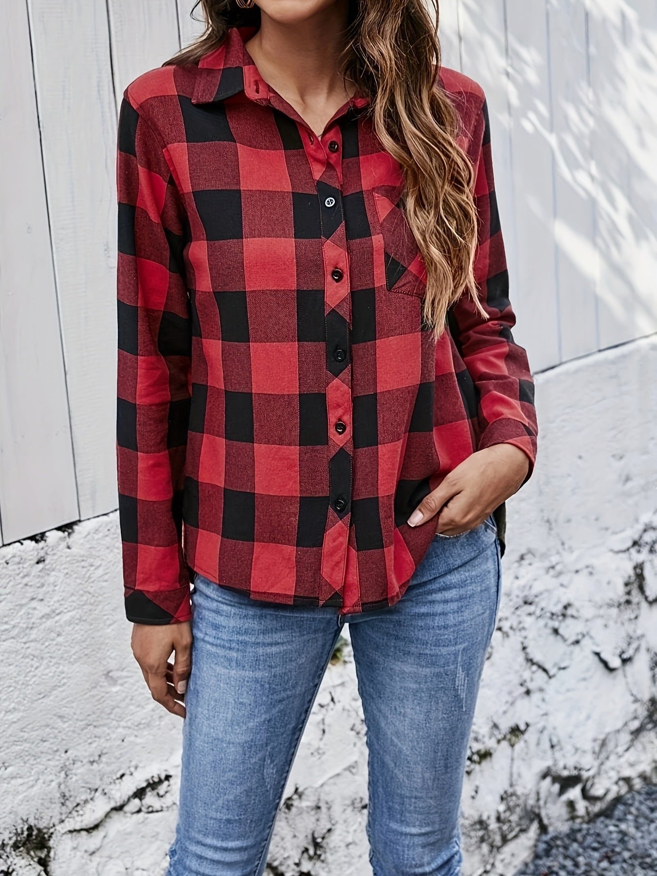  Plaid Print Long Sleeve Button Up Collar Shirt Top