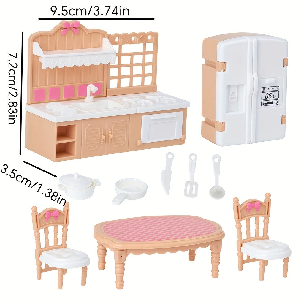 10pcs Mini Dollhouse Kitchen Set - Simulation Kitchenware Fridge Stove Table