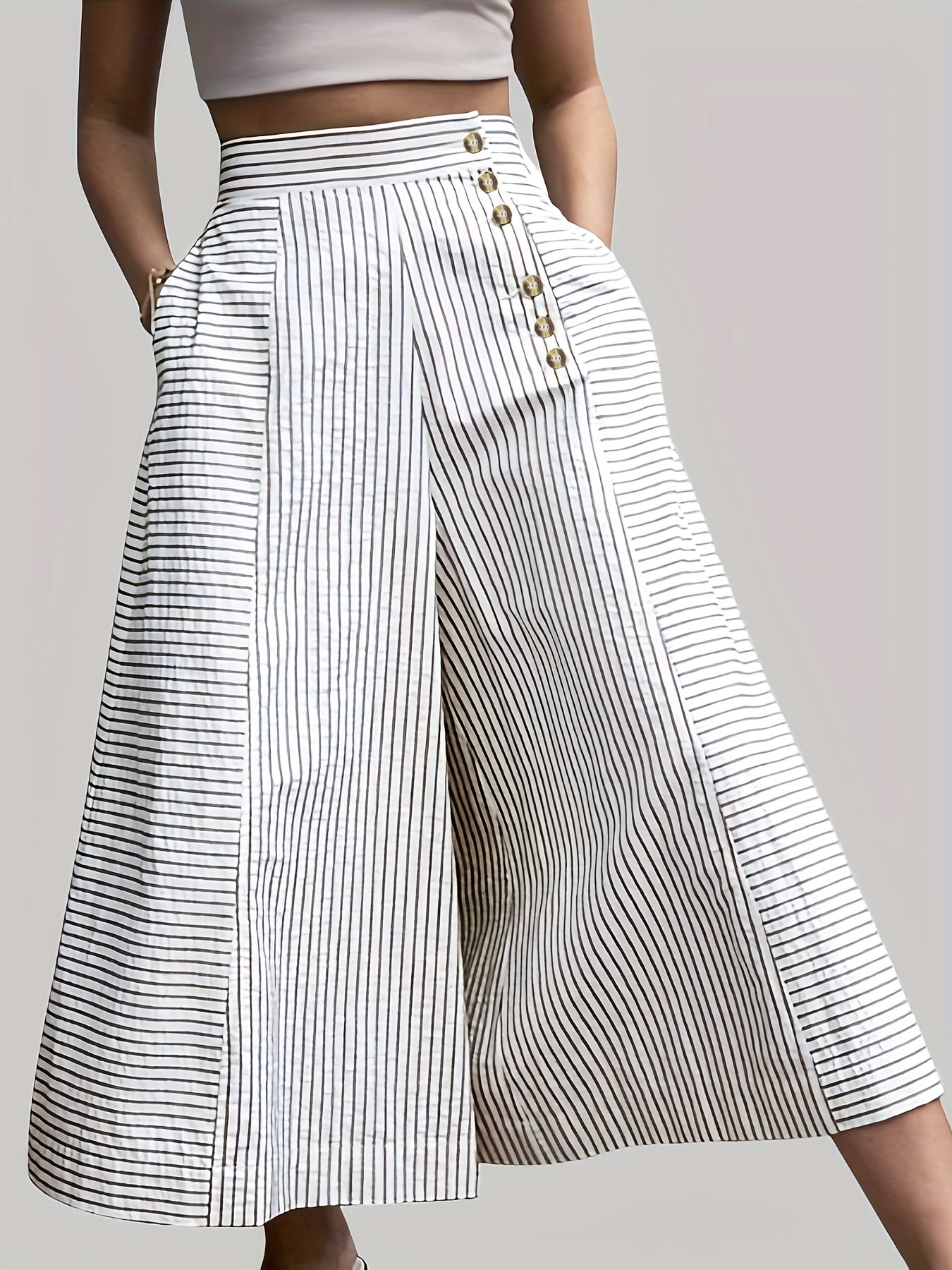  Stripe Print Wide Leg Button Up Loose Pants