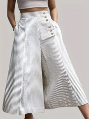  Stripe Print Wide Leg Button Up Loose Pants