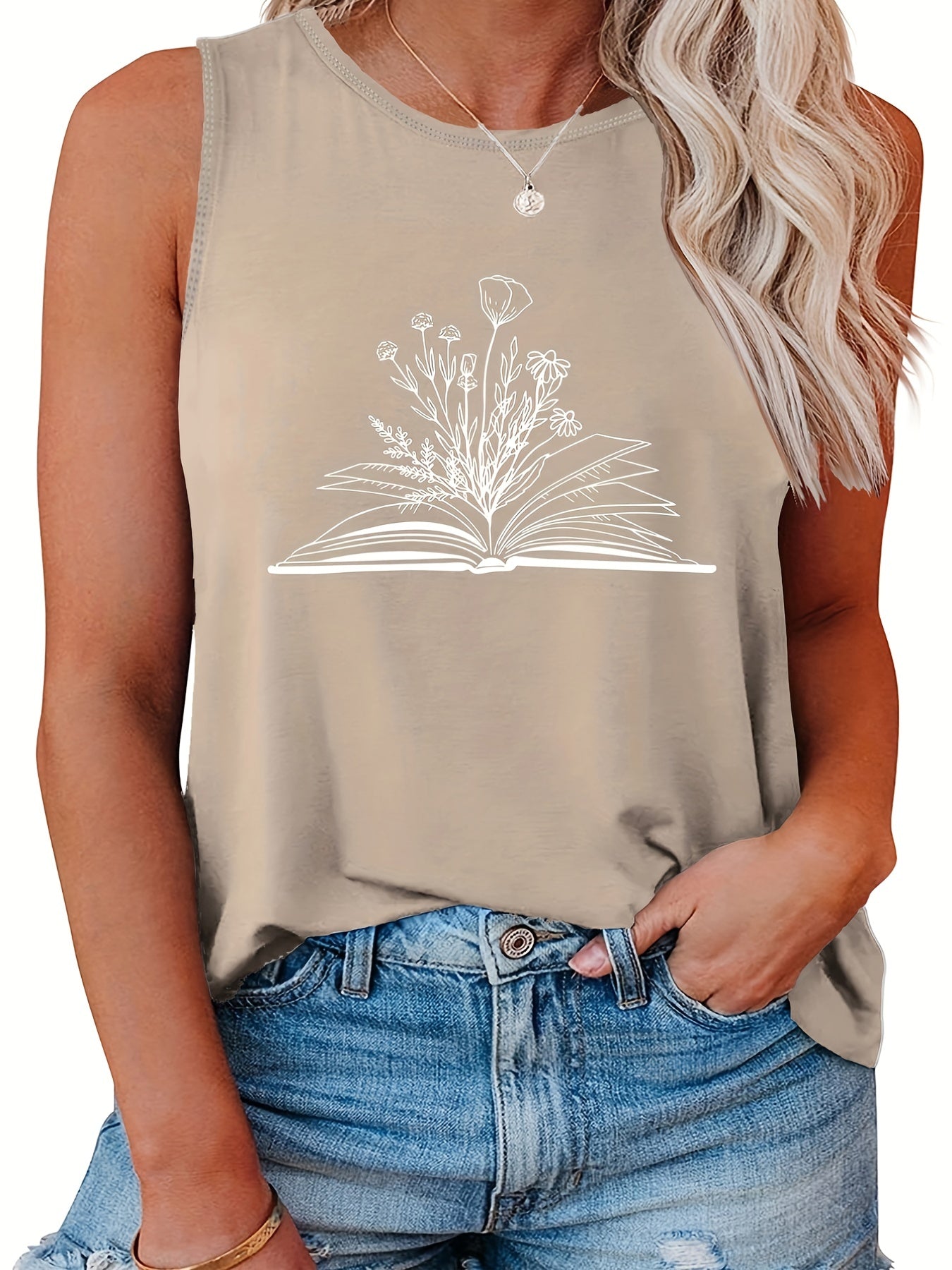  Casual Tank Top Women's Plus Book & Flower Print Round Neck Tank