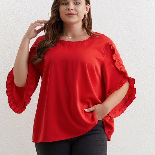  Solid Ruffle Trim Petal Sleeve Top