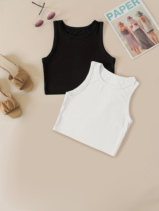 2 Pack Ribbed Tank Tops Crew Neck Sleeveless Women's Summer Top