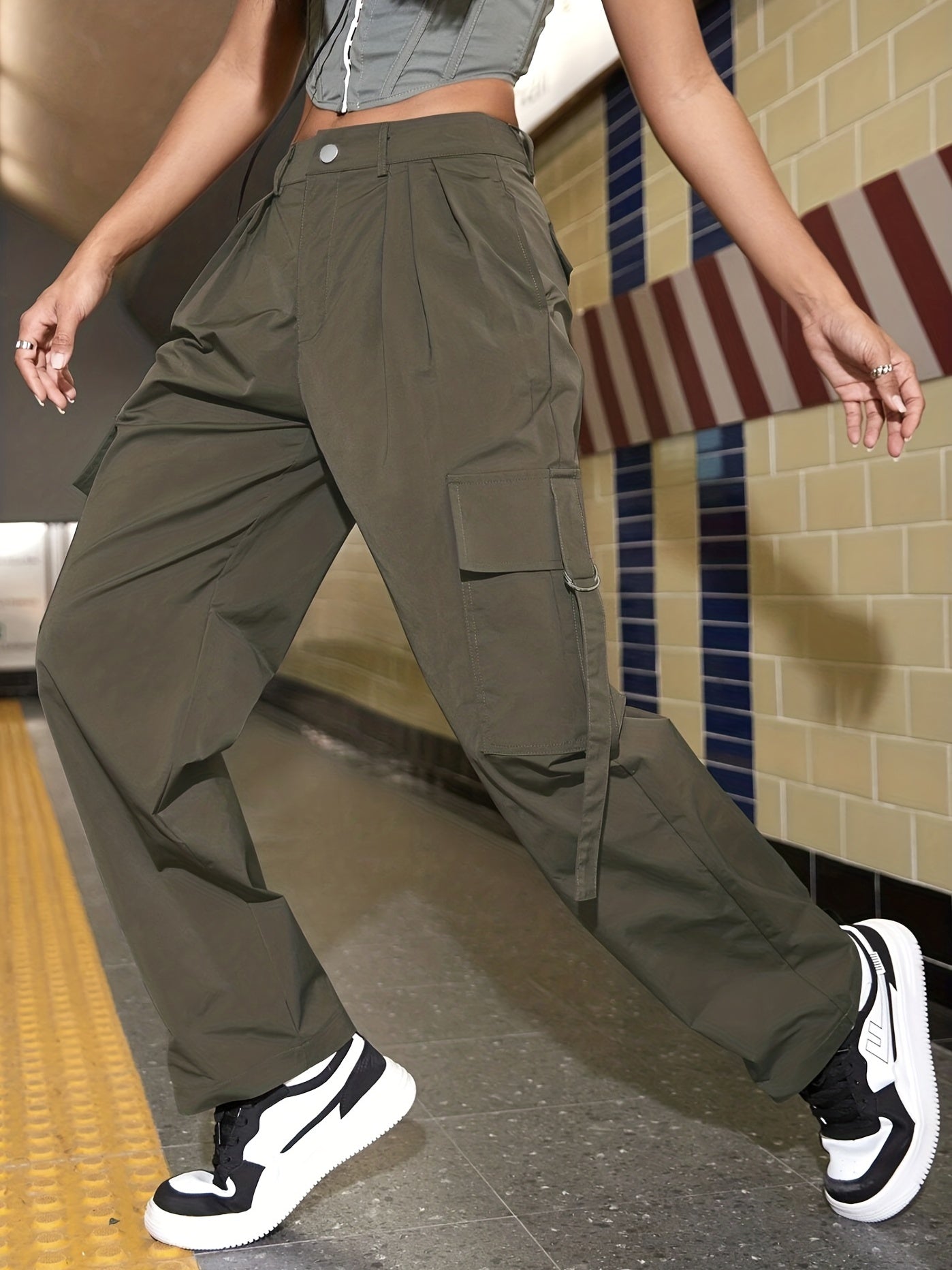 Women's Plus Solid Button Fly Cargo Trousers