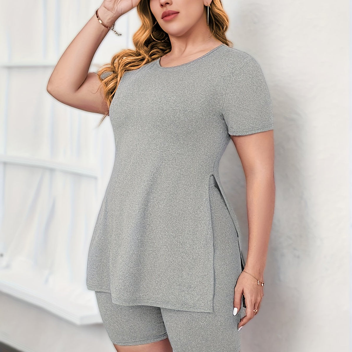 Solid Top & Biker Shorts Outfit Set