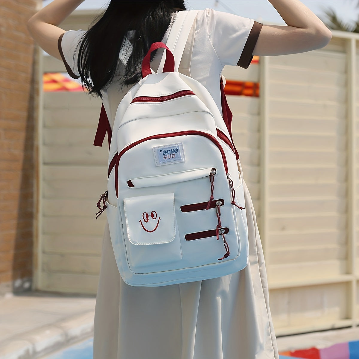 Smile Face Large Capacity Backpack Nylon Durable Lightweight School Travel Bag