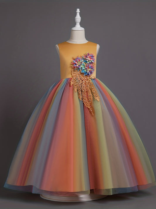 Girls Rainbow Tutu Party Princess Dress Sleeveless 3D Flower Decor Ball Gown