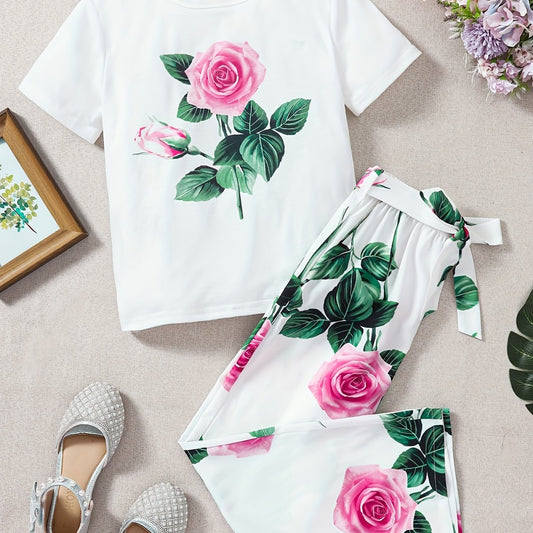 Girls Floral Print T-Shirt & Trousers Set with Belt