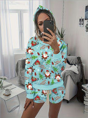 Floral Print Lounge Set Crew Neck Top & Lace Up Shorts