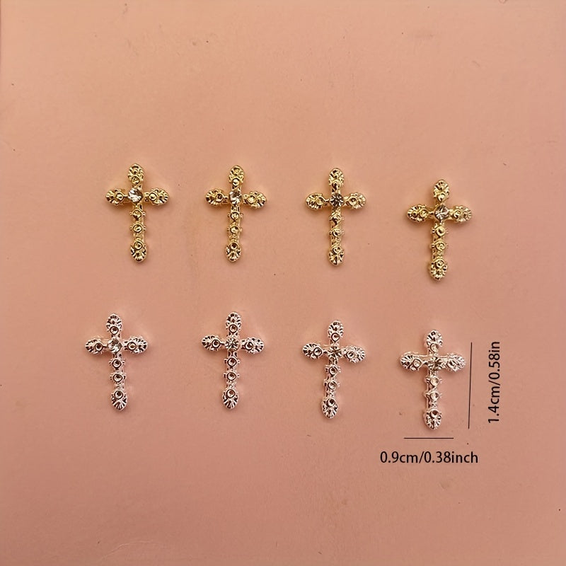 3D Cross Nail Charms with Pearl Gems and Rhinestones