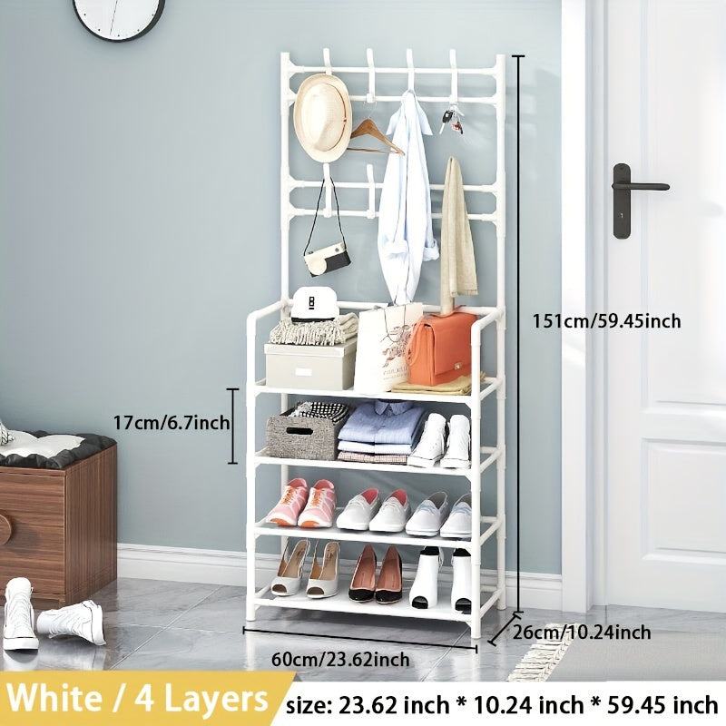 4 Tier Standing Shoe Rack with 8 Hooks - Multi-functional Shoe and Hat Rack